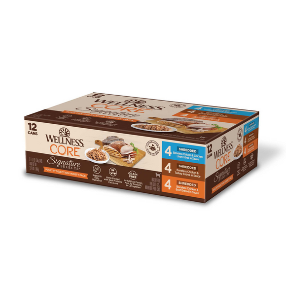 Wellness CORE Signature Selects Shredded Poultry Selection Natural Canned Grain Free Cat Food Variety Pack