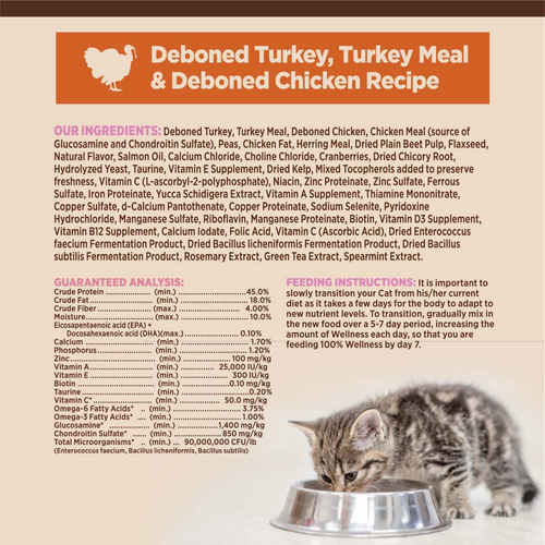 Wellness CORE Grain Free Natural Kitten Health Turkey, Turkey Meal and Chicken Recipe Dry Cat Food