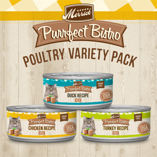 Merrick Purrfect Bistro Grain Free Premium Canned Pate Adult Wet Cat Food, Variety Pack, Chicken, Duck, Turkey