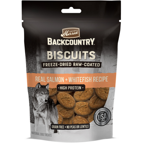 Merrick Backcountry Grain Free Salmon Whitefish Recipe Freeze Dried Raw Coated Biscuit Dog Treats Serving NY NJ Pet Goods