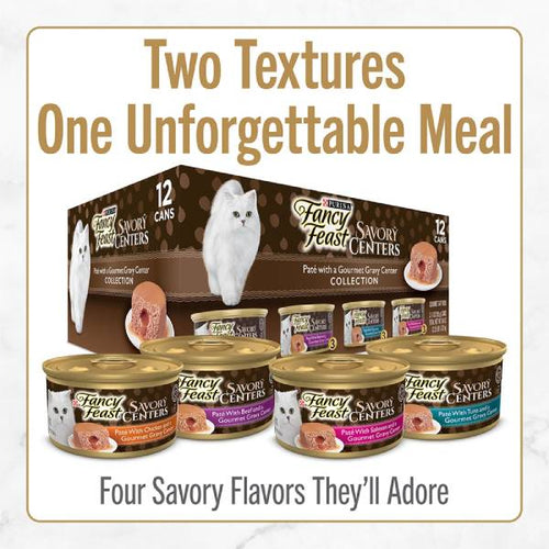Fancy Feast Savory Centers Wet Cat Food with a Gourmet Gravy Center 12 Count Variety Pack - Chicken, Salmon, Beef, and Tuna Paté